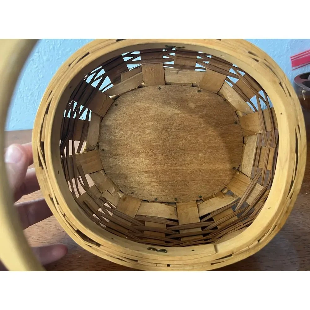 VTG Woven Wood Splint Basket Round Swing Handle Rustic Farmhouse Primitive